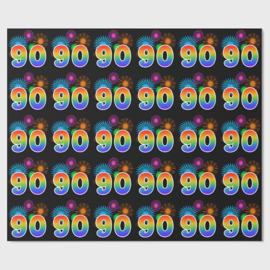 Fun Fireworks + Rainbow Pattern "90" Event Number Cadeaupapier (Vlak)
