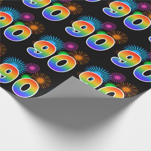 Fun Fireworks + Rainbow Pattern "90" Event Number Cadeaupapier (Hoek)