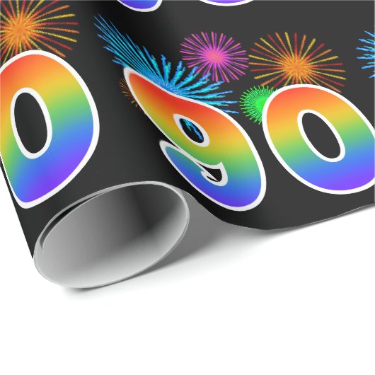 Fun Fireworks + Rainbow Pattern "90" Event Number Cadeaupapier (Rol Hoek)