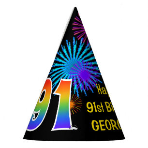 Fun Fireworks + Rainbow Pattern "91" Birthday # Feesthoedjes