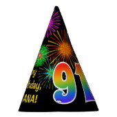 Fun Fireworks + Rainbow Pattern "91" Birthday # Feesthoedjes (Rechts)
