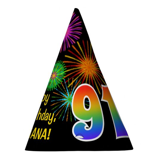 Fun Fireworks + Rainbow Pattern "91" Birthday # Feesthoedjes (Rechts)