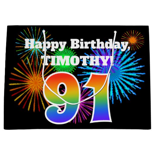 Fun Fireworks + Rainbow Pattern "91" Birthday # Groot Cadeauzakje (Voorkant)