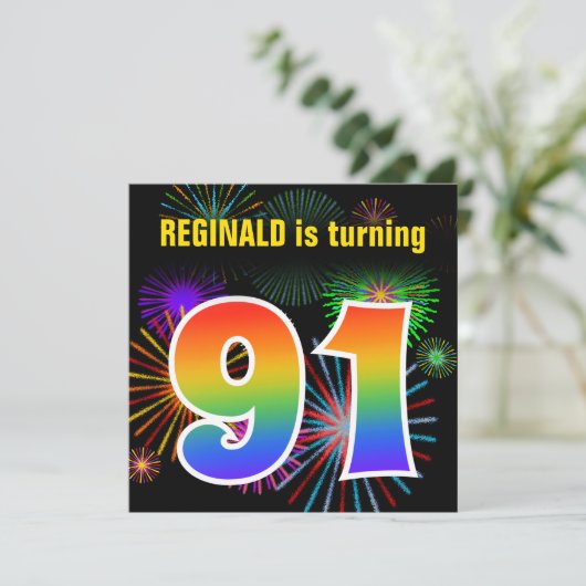 Fun Fireworks + Rainbow Pattern "91" Birthday # Kaart (Staand voorkant)
