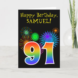 Fun Fireworks + Rainbow Pattern "91" Birthday # Kaart