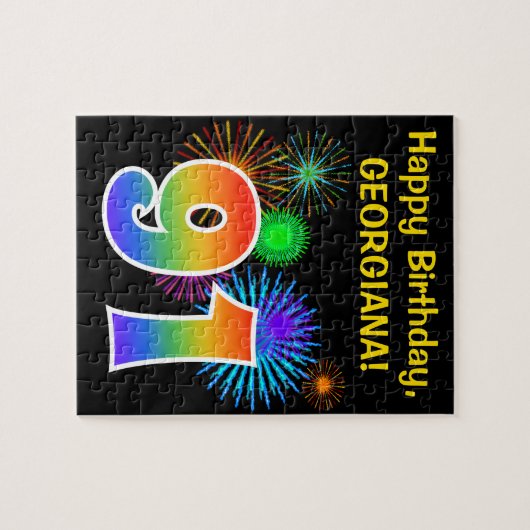 Fun Fireworks + Rainbow Pattern "91" Birthday # Legpuzzel (Horizontaal)