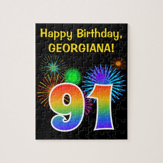 Fun Fireworks + Rainbow Pattern "91" Birthday # Legpuzzel (Verticaal)