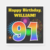 Fun Fireworks + Rainbow Pattern "91" Birthday # Servet (Voorkant)