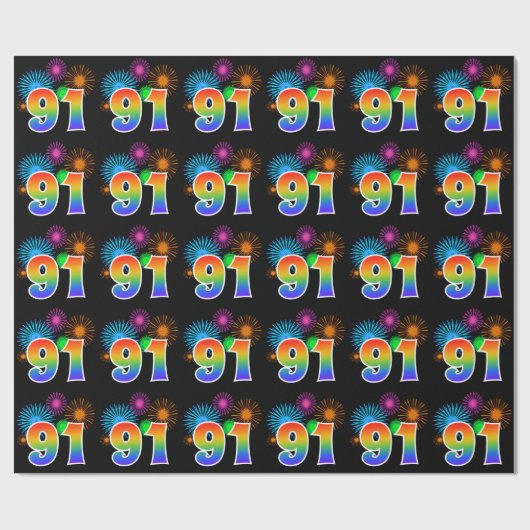 Fun Fireworks + Rainbow Pattern "91" Event Number Cadeaupapier (Vlak)