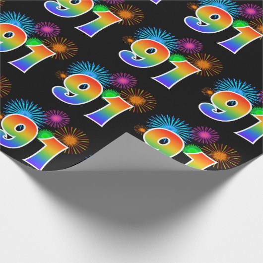 Fun Fireworks + Rainbow Pattern "91" Event Number Cadeaupapier (Hoek)