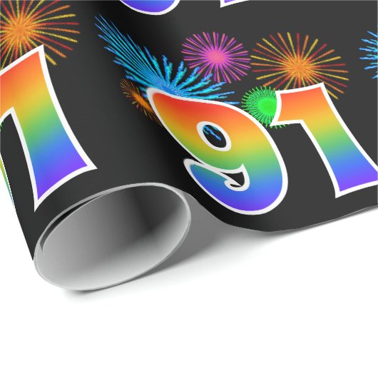 Fun Fireworks + Rainbow Pattern "91" Event Number Cadeaupapier (Rol Hoek)
