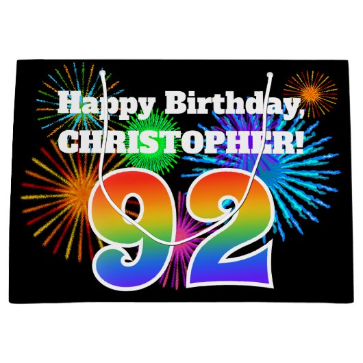 Fun Fireworks + Rainbow Pattern "92" Birthday # Groot Cadeauzakje (Voorkant)