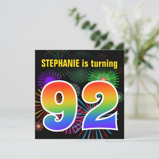 Fun Fireworks + Rainbow Pattern "92" Birthday # Kaart (Staand voorkant)