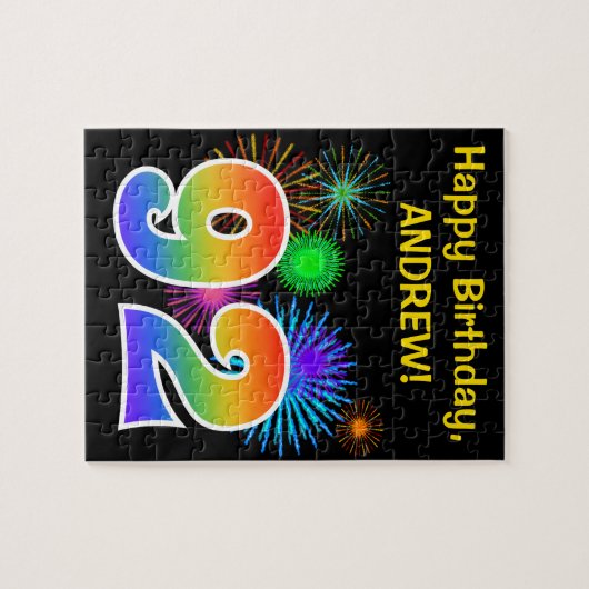 Fun Fireworks + Rainbow Pattern "92" Birthday # Legpuzzel (Horizontaal)