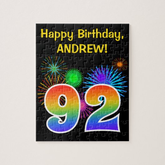 Fun Fireworks + Rainbow Pattern "92" Birthday # Legpuzzel (Verticaal)