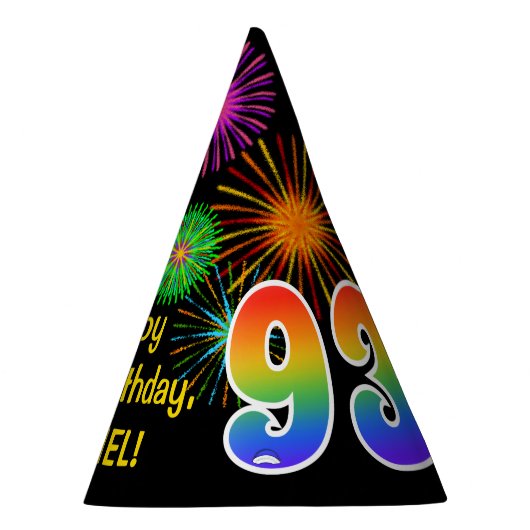Fun Fireworks + Rainbow Pattern "93" Birthday # Feesthoedjes (Rechts)