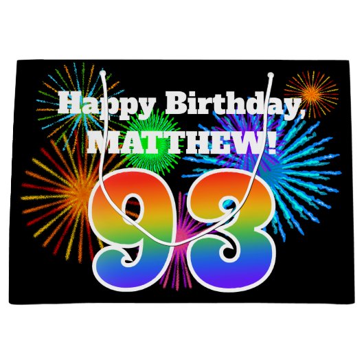 Fun Fireworks + Rainbow Pattern "93" Birthday # Groot Cadeauzakje (Voorkant)