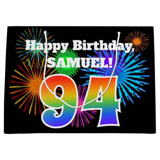 Fun Fireworks + Rainbow Pattern "94" Birthday # Groot Cadeauzakje (Voorkant)