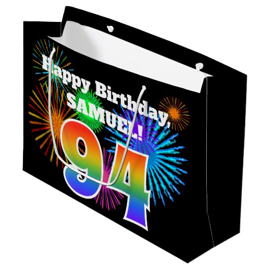 Fun Fireworks + Rainbow Pattern "94" Birthday # Groot Cadeauzakje (Voorkant Gekanteld)