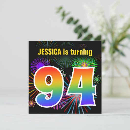 Fun Fireworks + Rainbow Pattern "94" Birthday # Kaart (Staand voorkant)