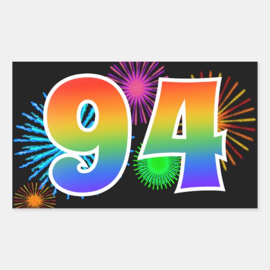 Fun Fireworks + Rainbow Pattern "94" Event Number Rechthoekige Sticker (Voorkant)