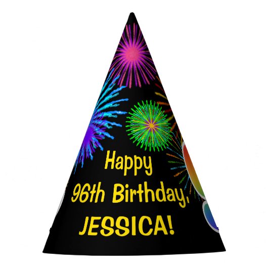 Fun Fireworks + Rainbow Pattern "96" Birthday # Feesthoedjes (Voorkant)