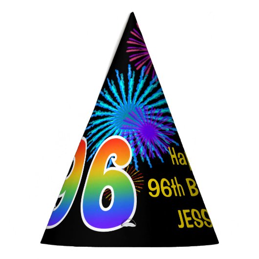Fun Fireworks + Rainbow Pattern "96" Birthday # Feesthoedjes (Links)