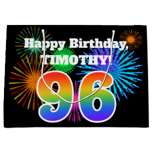Fun Fireworks + Rainbow Pattern "96" Birthday # Groot Cadeauzakje