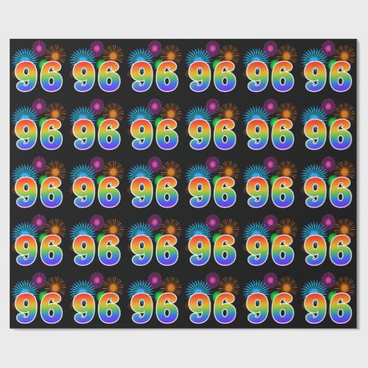 Fun Fireworks + Rainbow Pattern "96" Event Number Cadeaupapier (Vlak)