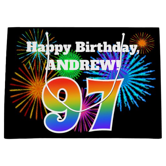 Fun Fireworks + Rainbow Pattern "97" Birthday # Groot Cadeauzakje (Voorkant)