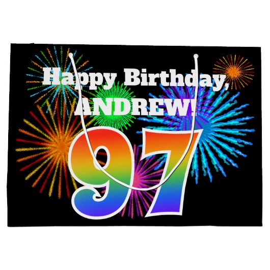 Fun Fireworks + Rainbow Pattern "97" Birthday # Groot Cadeauzakje (Achterkant)