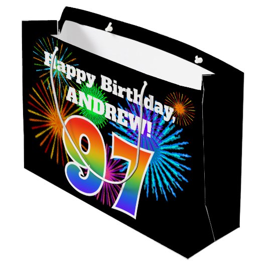 Fun Fireworks + Rainbow Pattern "97" Birthday # Groot Cadeauzakje (Achterkant Gekanteld)