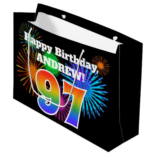 Fun Fireworks + Rainbow Pattern "97" Birthday # Groot Cadeauzakje (Voorkant Gekanteld)