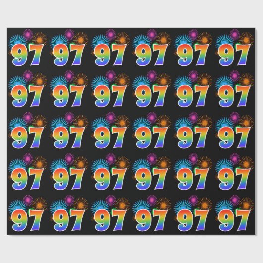 Fun Fireworks + Rainbow Pattern "97" Event Number Cadeaupapier (Vlak)