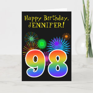 Fun Fireworks + Rainbow Pattern "98" Birthday # Kaart