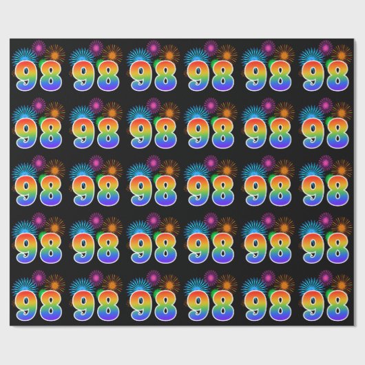 Fun Fireworks + Rainbow Pattern "98" Event Number Cadeaupapier (Vlak)