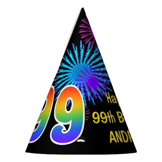 Fun Fireworks + Rainbow Pattern "99" Birthday # Feesthoedjes (Links)