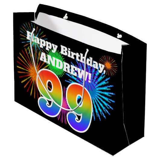 Fun Fireworks + Rainbow Pattern "99" Birthday # Groot Cadeauzakje (Achterkant Gekanteld)