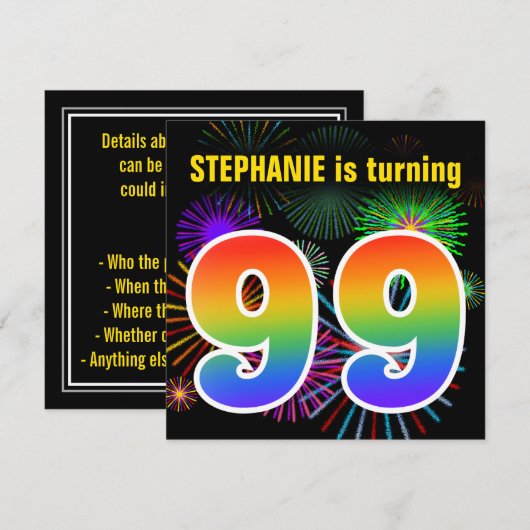 Fun Fireworks + Rainbow Pattern "99" Birthday # Kaart (Voorkant / Achterkant)