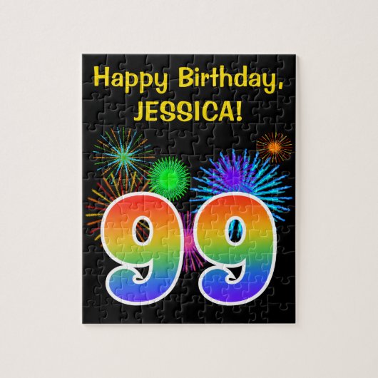Fun Fireworks + Rainbow Pattern "99" Birthday # Legpuzzel (Verticaal)