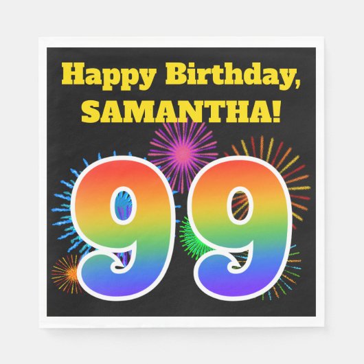 Fun Fireworks + Rainbow Pattern "99" Birthday # Servet (Voorkant)
