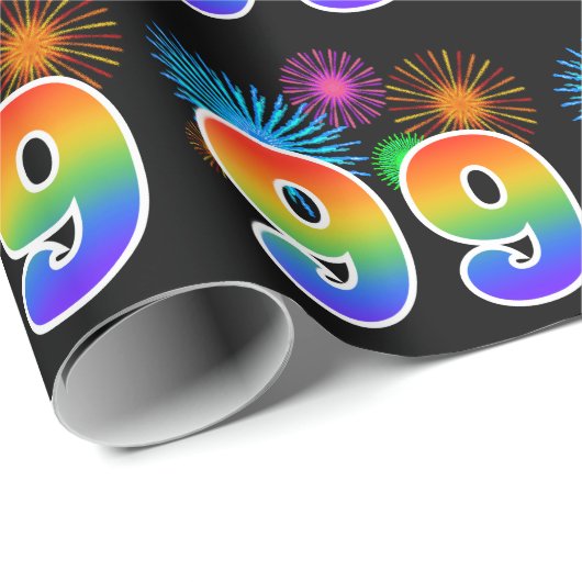 Fun Fireworks + Rainbow Pattern "99" Event Number Cadeaupapier (Rol Hoek)