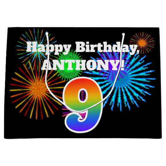 Fun Fireworks + Rainbow Pattern "9" Birthday # Groot Cadeauzakje (Voorkant)