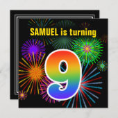 Fun Fireworks + Rainbow Pattern "9" Birthday # Kaart (Voorkant / Achterkant)