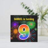 Fun Fireworks + Rainbow Pattern "9" Birthday # Kaart (Staand voorkant)