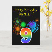 Fun Fireworks + Rainbow Pattern "9" Birthday # Kaart (Gele Bloem)