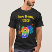 Fun Fireworks + Rainbow Pattern "9" Birthday # T-shirt (Voorkant)