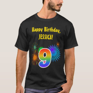 Fun Fireworks + Rainbow Pattern "9" Birthday # T-shirt