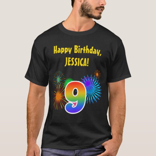 Fun Fireworks + Rainbow Pattern "9" Birthday # T-shirt (Voorkant)
