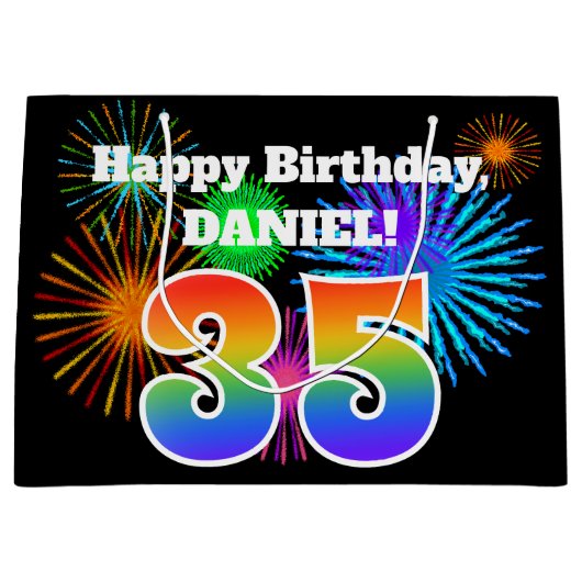 Fun Fireworks + regenboogpatroon "35" Birthday # Groot Cadeauzakje (Voorkant)